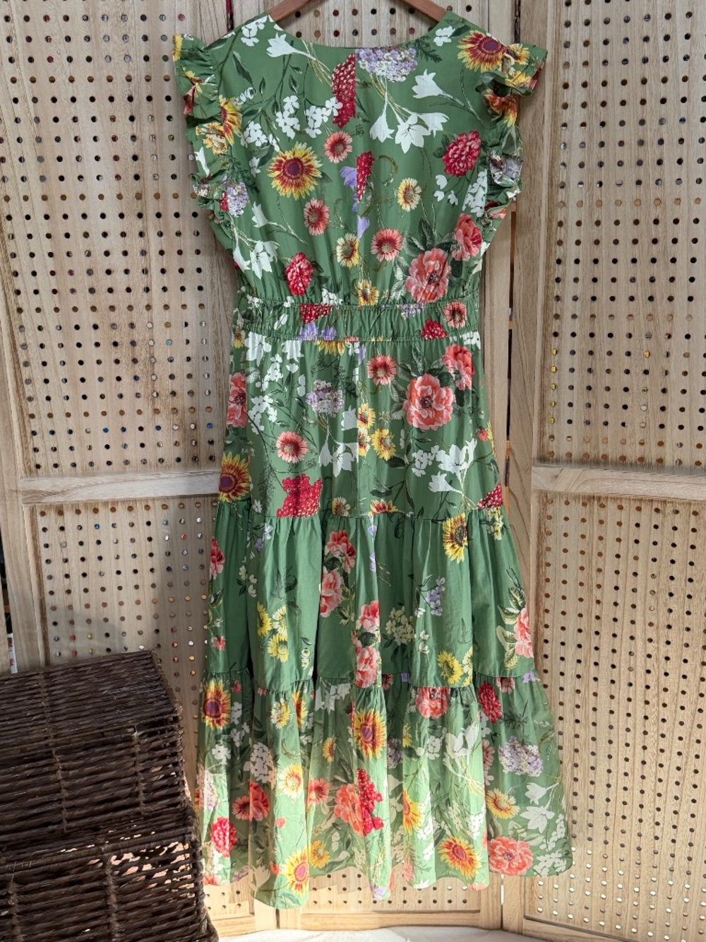 Anne Klein Green Floral Tiered Midi Dress Cottagecore Garden Party Large - Picture 8 of 13